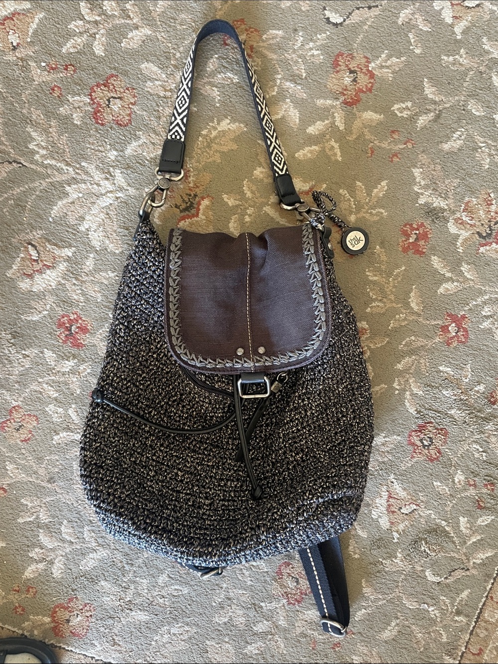 Handwoven crochet Gray Knit Shoulder Bag with fabric Flap